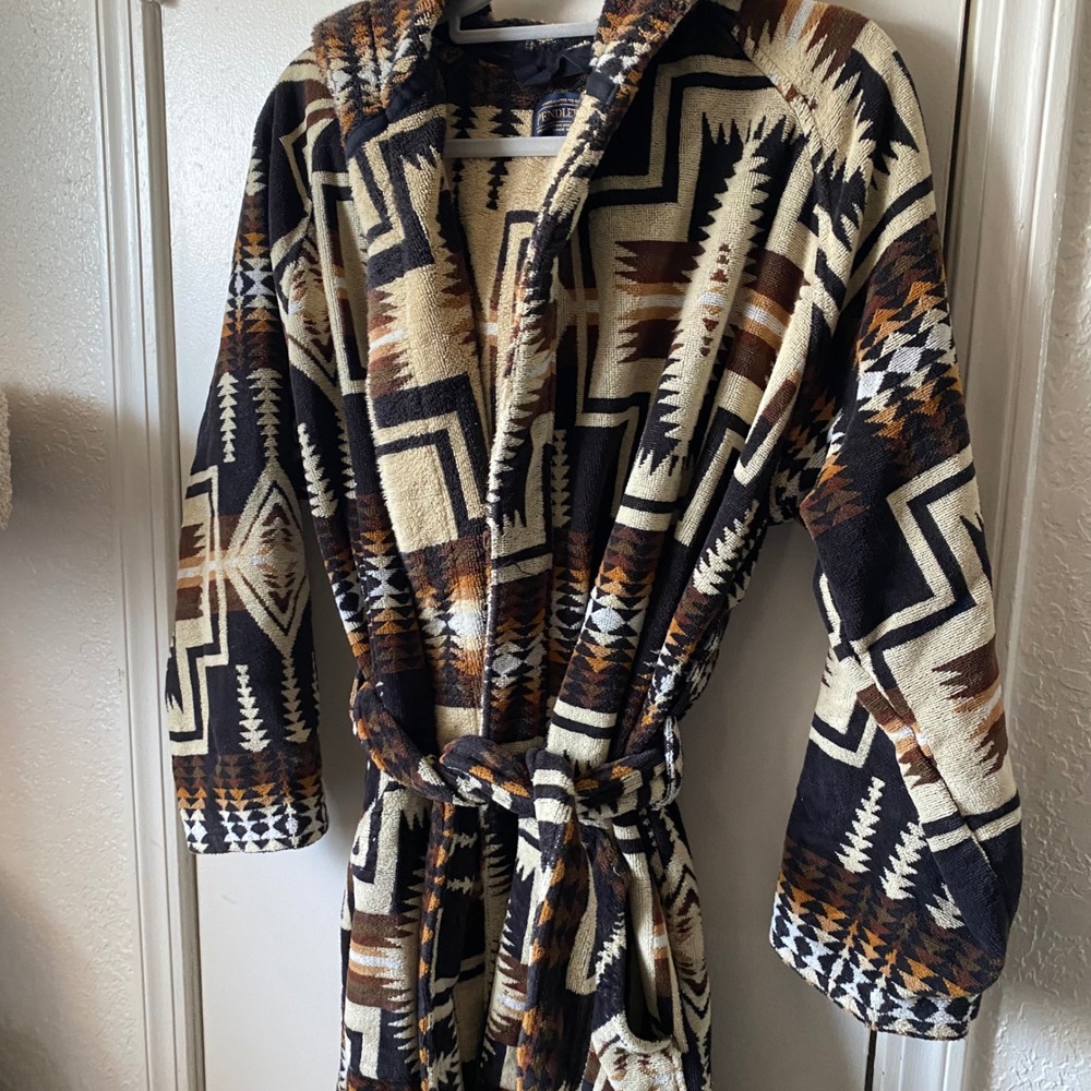 Pendleton Mens Harding Hooded Cotton Terry Robe Brown Tan Black S/M - Picture 6 of 11